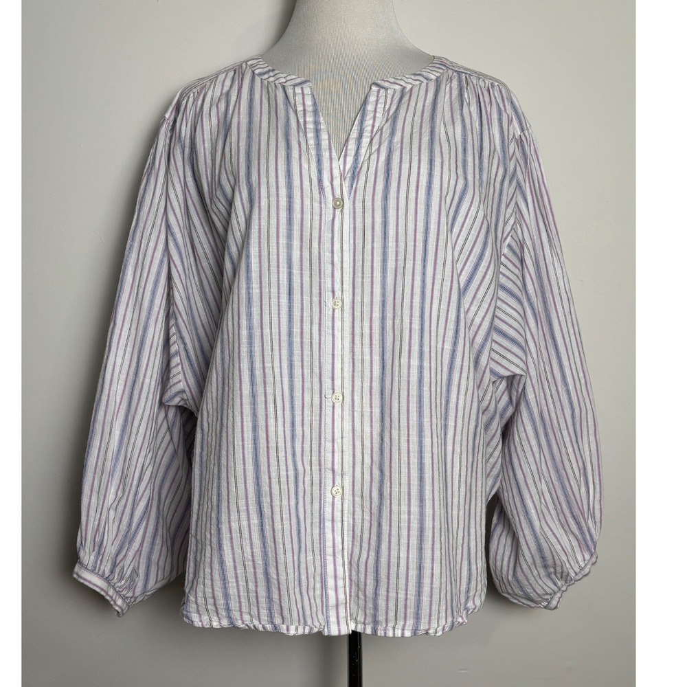 LOFT Womens Blouse Large Oversized Cotton Coastal Stripe Relaxed Lightweight